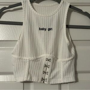 Baby Girl Embroidered White Ribbed Crop Top